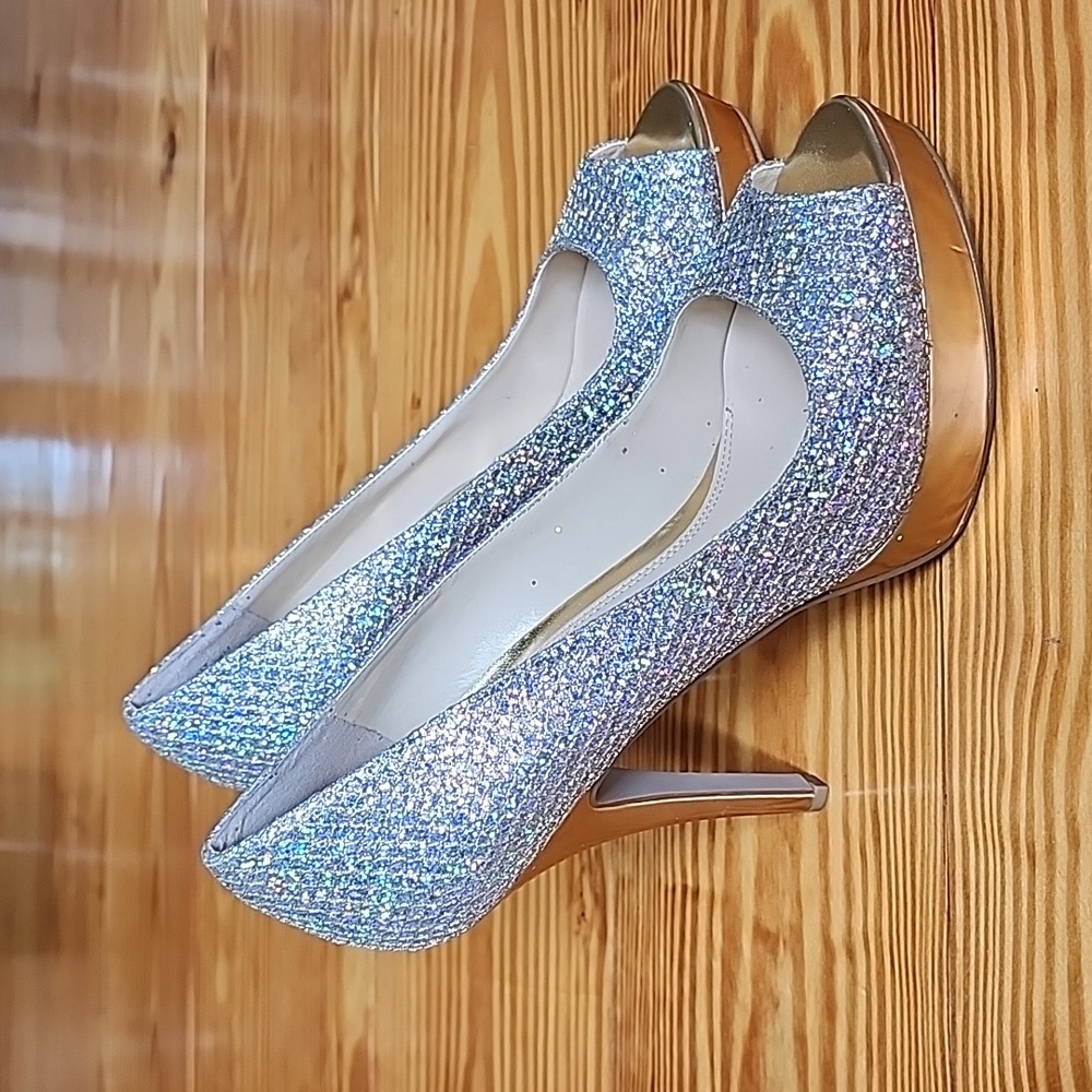Silver & Gold Crystal Sparkle Peep Toe Stilleto Heels Size 8